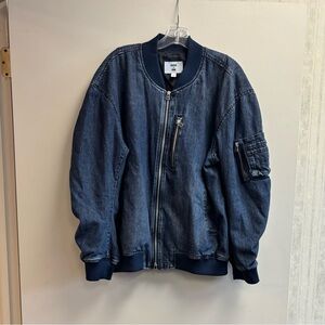 Mode of One Men's Dark Blue Denim Bomber Jacket Double Zipper Lined Size M